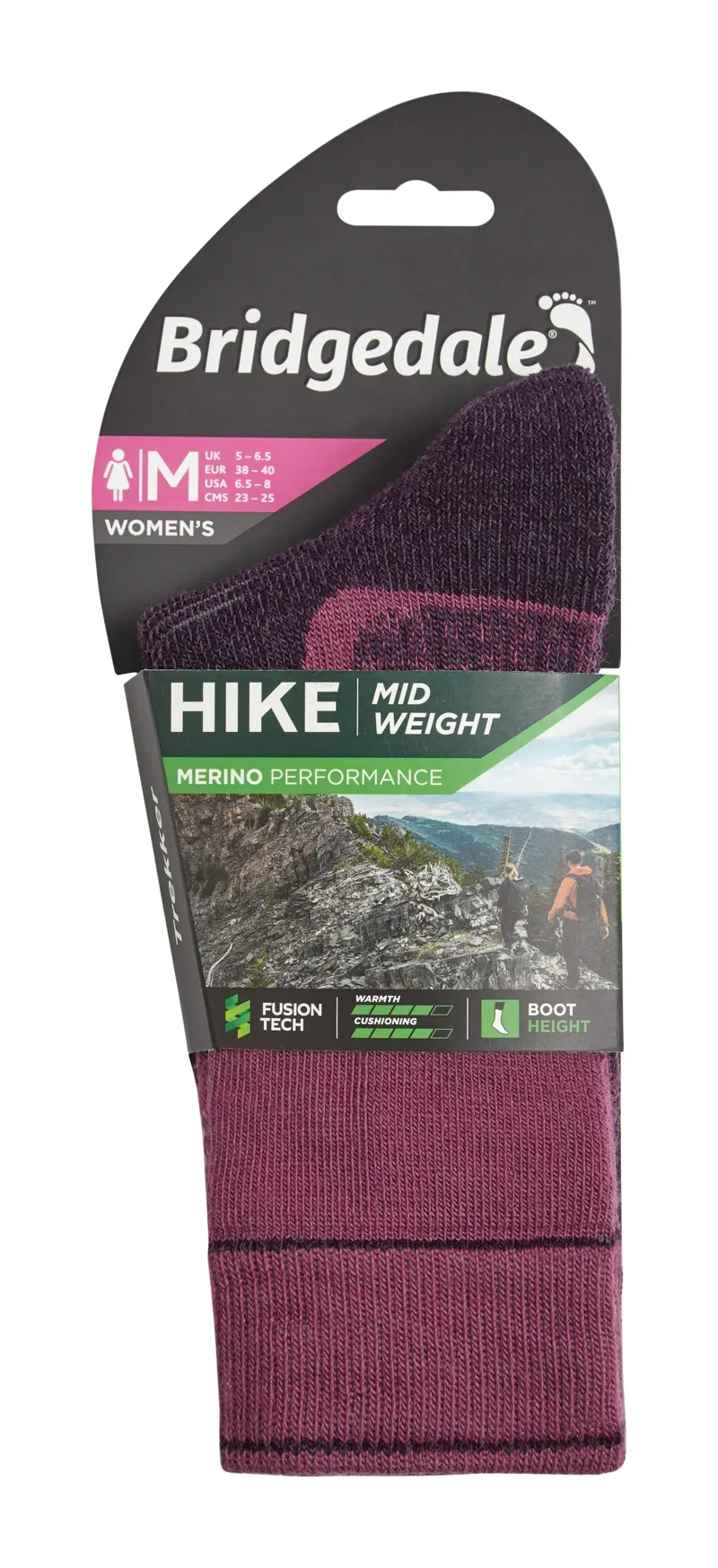 Bridgedale Women's Hike MW Merino Performance Boot Walking Socks Berry-3